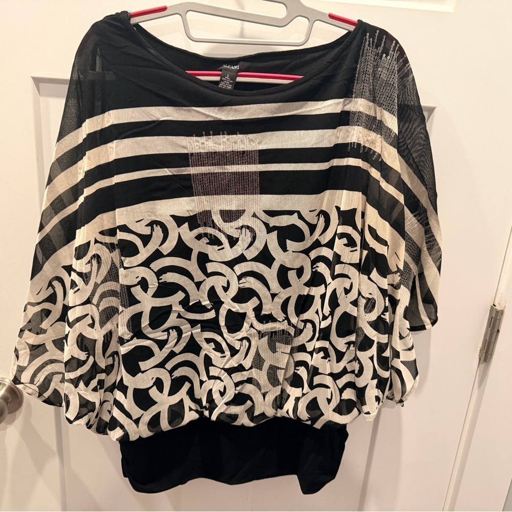 Alfani Silk Sheer Blouse Womens Large Black Cream Sequin Top